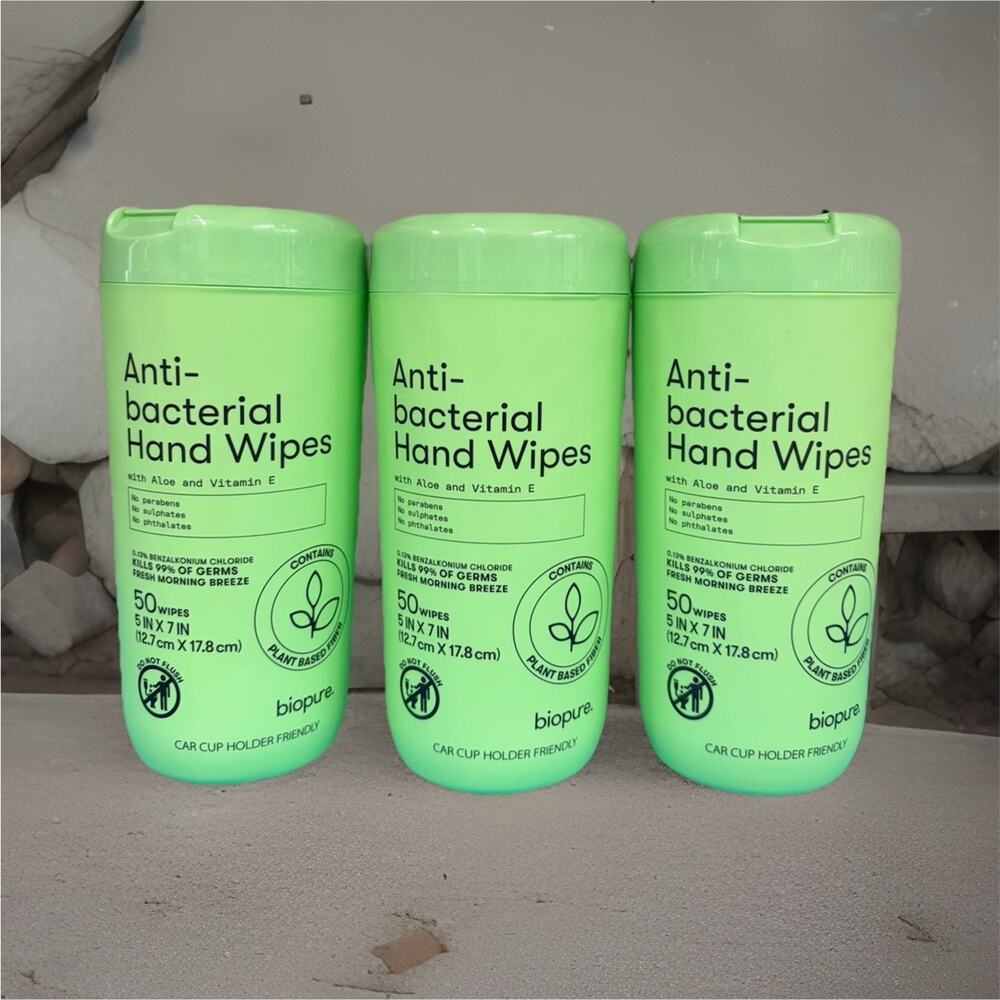 Biopure Antibacterial Hand Sanitizer Wipes Plant Based Vitamin E 50ct 3 Pack